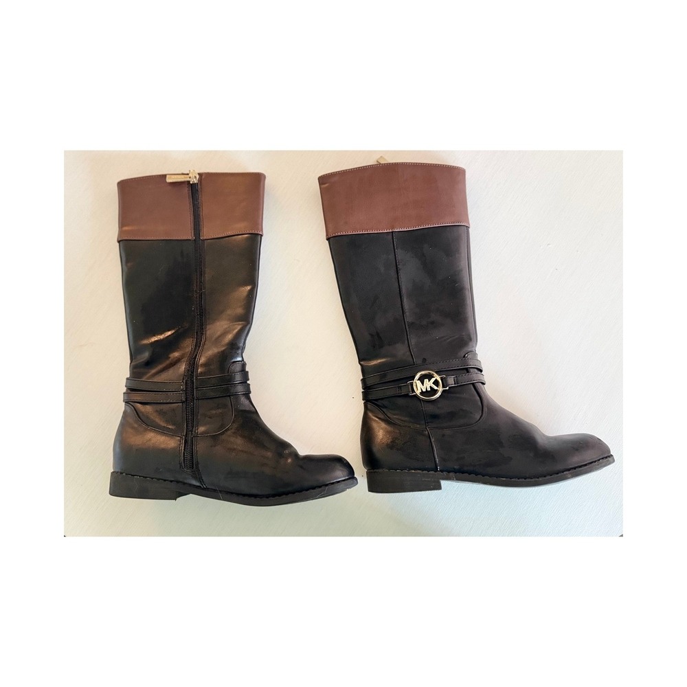 Michael Kors Girls Size 3 Black Brown Riding Boots MK Logo MKS10102C